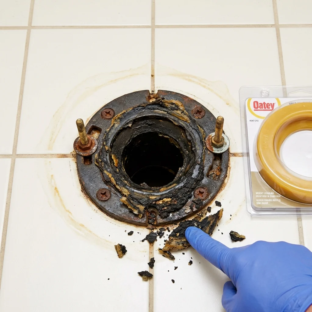 Failed wax ring showing water seepage at the base of a toilet in a Carrollton, GA home