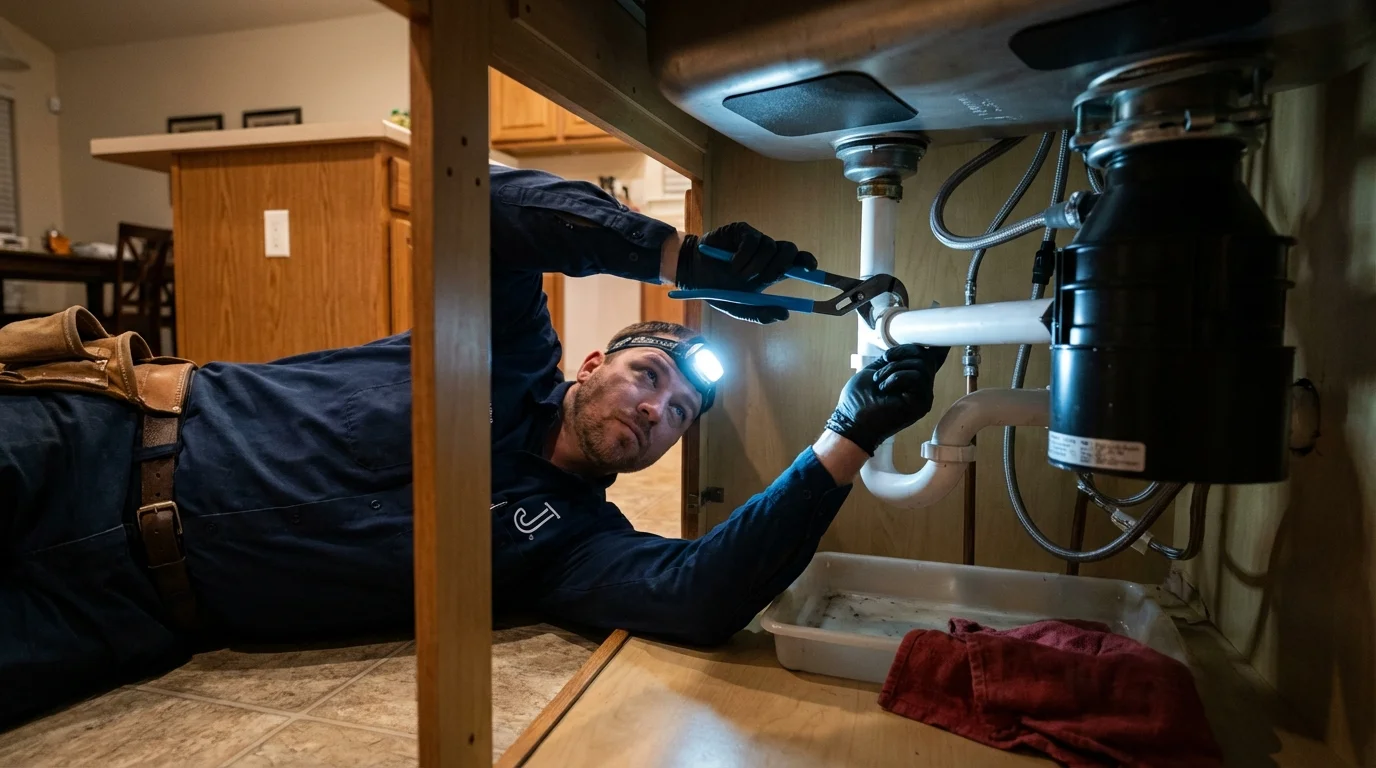P-trap and supply line connections under a kitchen sink showing a common leak point in Carrollton, GA